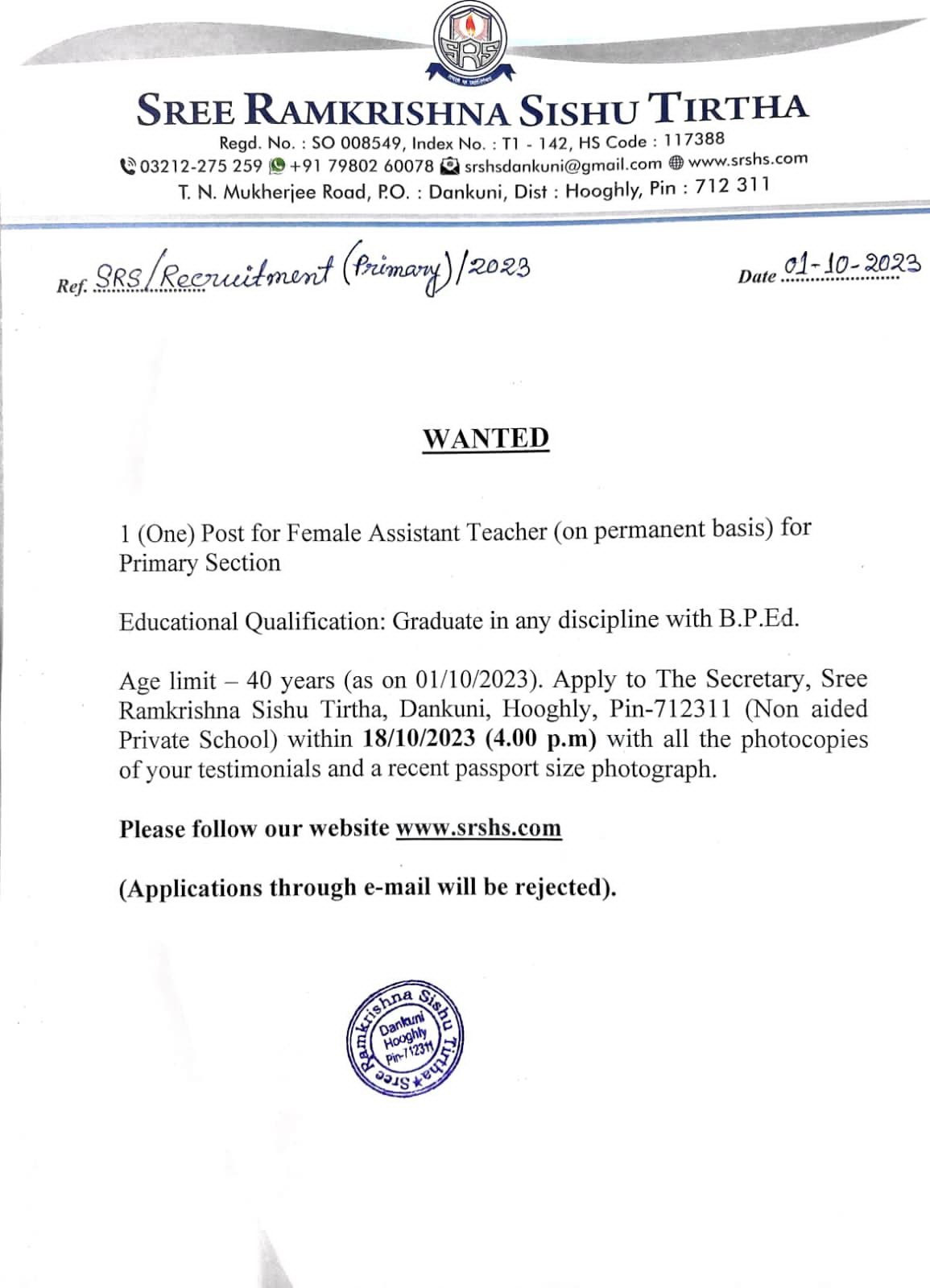 Recruitment of primary teacher