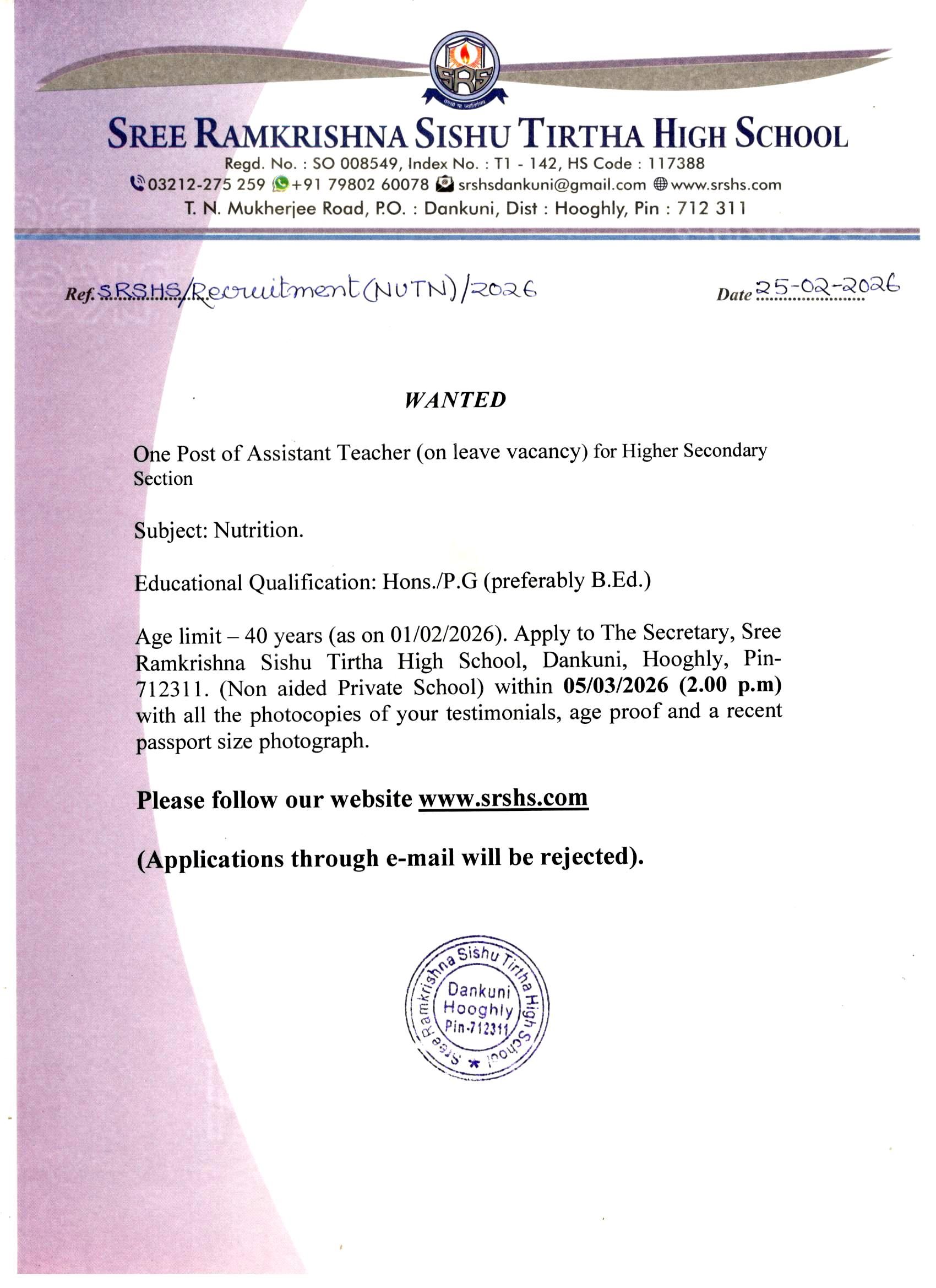 REQ 1(ONE) POST FOR ASSISTANT TEACHER 