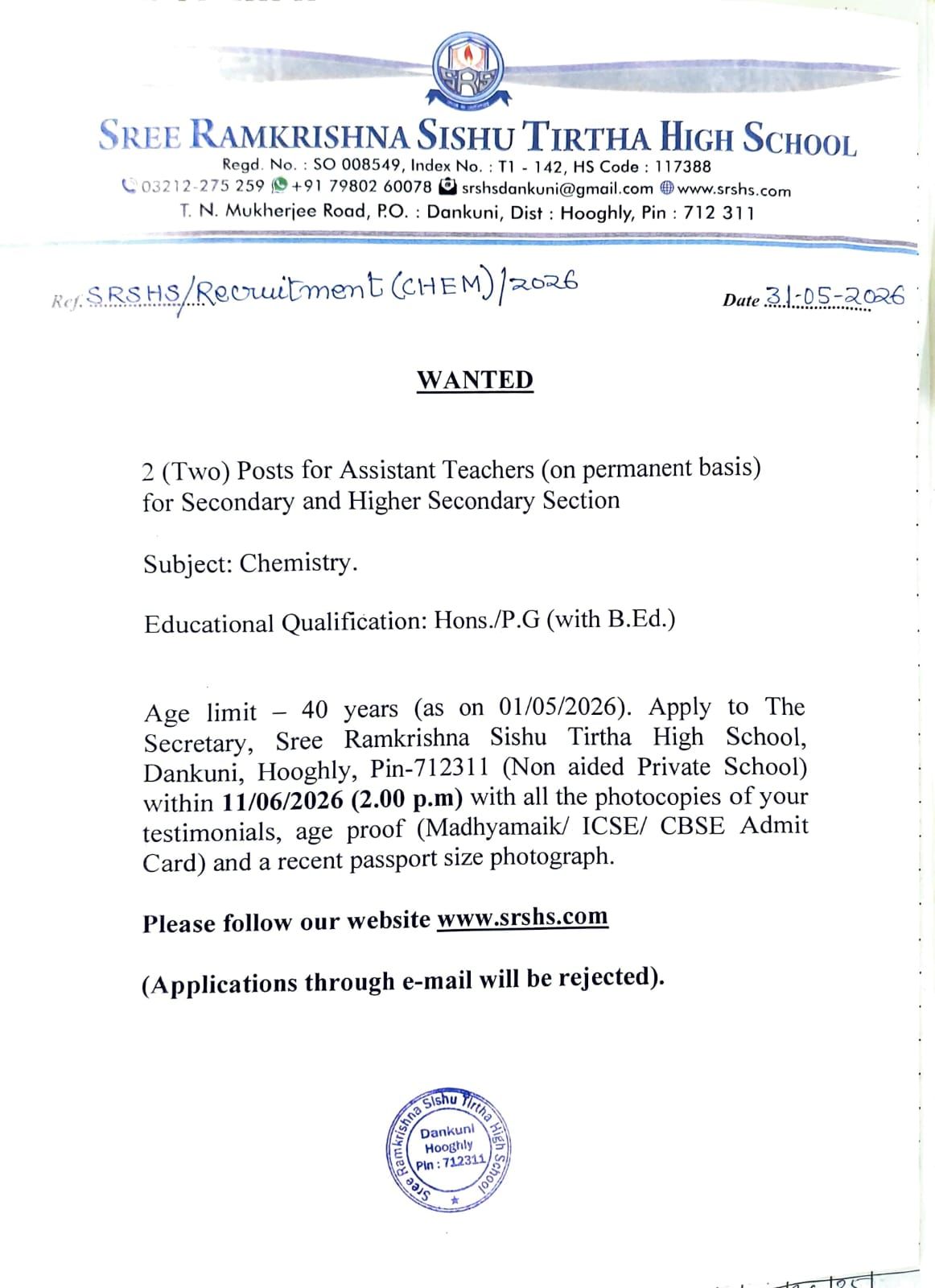 REQ 1(ONE) POST FOR ASSISTANT TEACHER 
